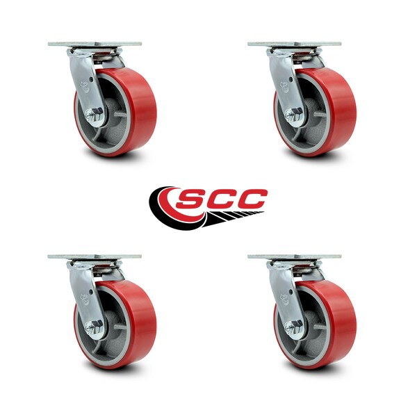 5 Inch Red Poly on Cast Iron Wheel Swivel Caster Set with Ball Bearings SCC